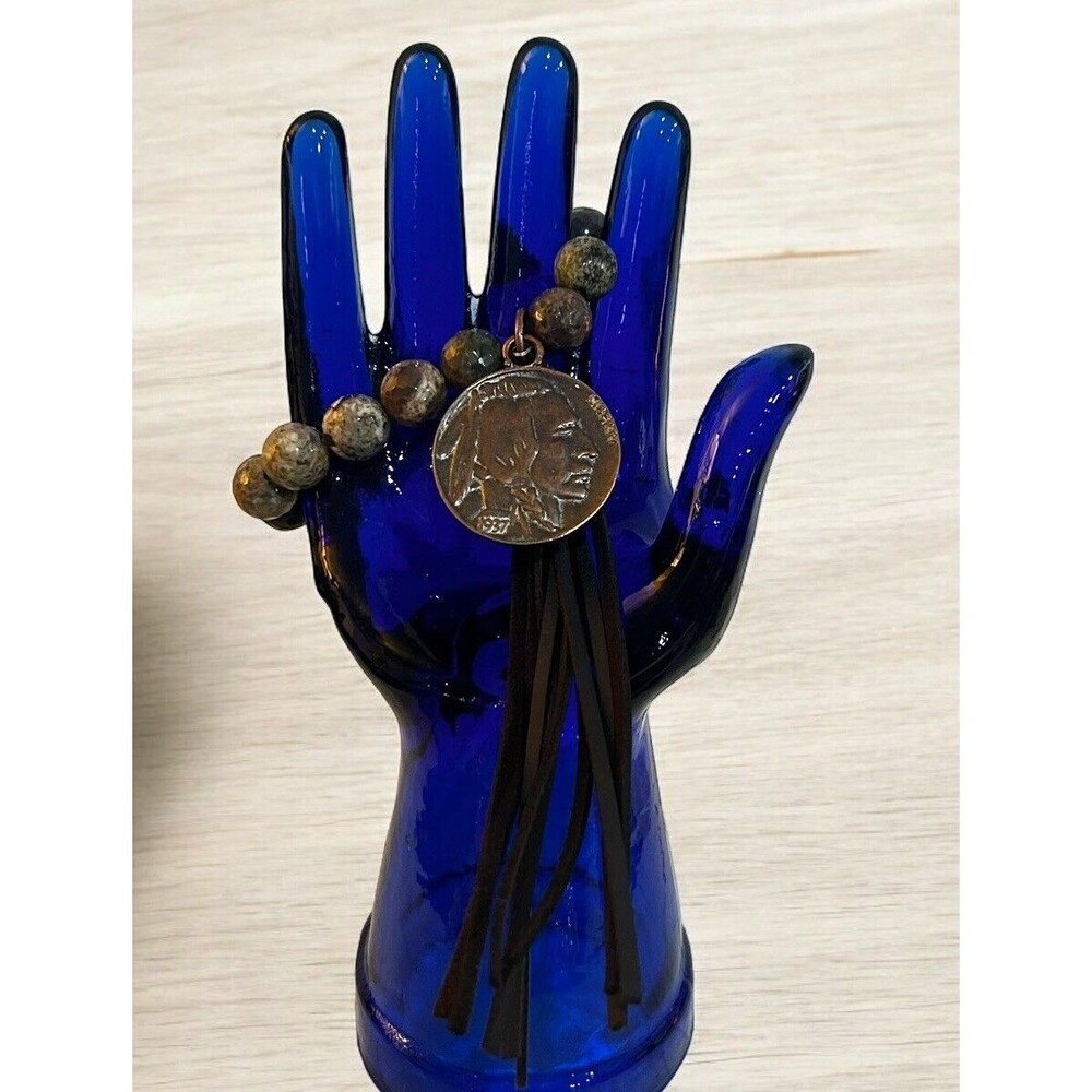 Jewelry Junkie Faceted Brown Ocean Agate Stone Bracelet w/ Tassel & Buffalo Coin